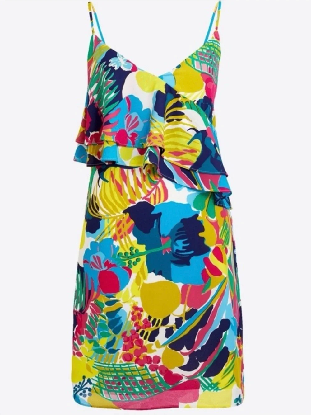 J. Crew Tropical Floral Tiered Ruffle Cami Mini Dress Yellow Blue 12 Beach